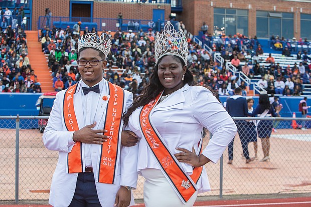 Hundreds of old friends, classmates and their families reunited at Virginia State University last weekend to celebrate homecoming 2018. Mr. VSU and Miss VSU 2018-19, Michael E. Snipes Jr. and Ja’Scotta B. Jefferson are introduced with the royal court during halftime at last Saturday’s game against Lincoln University. (James Haskins/Richmond Free Press)