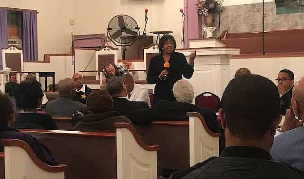 Alderman  Michelle Harris Address Community At An Emergency Community Meeting was recently hosted at Bethlehem Star Missionary Baptist Church where 6 people were shot following the funeral of Vantrease R. Criss. Photo Credit: Katherine Newman