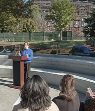 Former state Sen. Mary Margaret Whipple of Northern Virginia, vice chair of the fundraising Virginia Capitol Foundation, addresses the crowd at Tuesday’s ceremony at the monument site in Capitol Square.