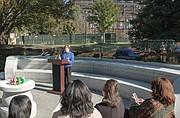 Former state Sen. Mary Margaret Whipple of Northern Virginia, vice chair of the fundraising Virginia Capitol Foundation, addresses the crowd at Tuesday’s ceremony at the monument site in Capitol Square.