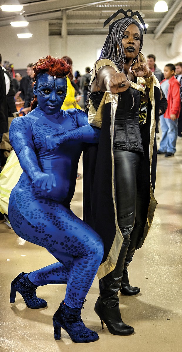 Superheroes, unite! Scores of people dressed as their favorite comic book heroes and heroines for the 2018 VA Comicon, a two-day extravaganza for comic book fans and lovers of comic book culture. Thousands flocked to the event at the Richmond Raceway last Saturday and Sunday that featured a costume contest both days. Tikki Wynn is head to toe in blue as “Mystique” and Honey Hall becomes “Storm,” all Marvel Comics characters. (Sandra Sellars/Richmond Free Press)