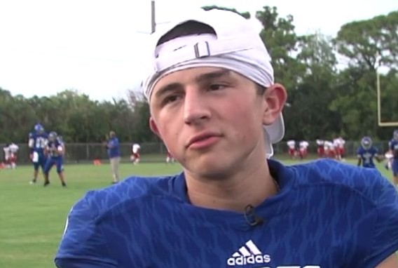 It's is the first time Miles Levine has his shoulder pads on in a while. No helmet or football pants. He's wearing his number 9 home blue with white letting Spanish River High School jersey.