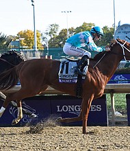 Jockey Florent Geroux, on Monomoy Girl, wins the Longines Breeders' Cup Distaff, Saturday, Nov. 3, 2018, at Churchill Downs in Louisville, KY.