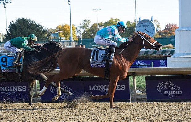 Jockey Florent Geroux, on Monomoy Girl, wins the Longines Breeders' Cup Distaff, Saturday, Nov. 3, 2018, at Churchill Downs in Louisville, KY.