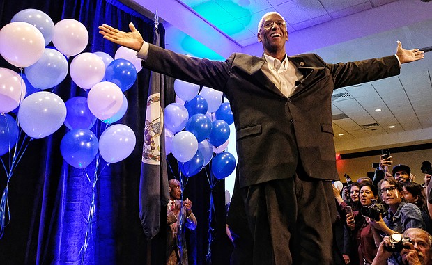 Congressman A. Donald McEachin, a Henrico Democrat, celebrates his re-election to the 4th District seat in the U.S. House of Representatives at a joint victory party with Ms. Spanberger Tuesday night at a Henrico County hotel. He defeated Republican challenger Ryan A. McAdams and Libertarian candidate Peter Wells.