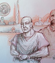 Cesar Sayoc, left, who is charged with sending pipe bombs to prominent Democrats around the country, appears in federal court in Miami on Oct. 29 in this courtroom sketch. The 56-year-old was transferred on Monday to New York City, where he will be tried.