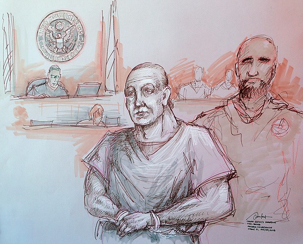 Cesar Sayoc, left, who is charged with sending pipe bombs to prominent Democrats around the country, appears in federal court in Miami on Oct. 29 in this courtroom sketch. The 56-year-old was transferred on Monday to New York City, where he will be tried.