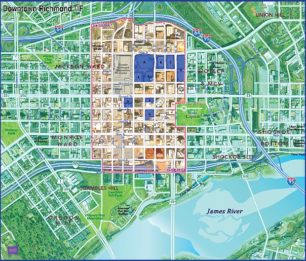 This map shows the 80 block section of Downtown to be included in a proposed Tax Increment Financing, or TIF, District. Increased earnings from real estate taxes within the district would be used to pay off $350 million in borrowing for a new Coliseum and other public projects, including elevating the portion of Leigh Street around the Coliseum and reopening 6th Street to traffic. The proposed boundaries for the TIF district are the Downtown Expressway, 1st Street, 10th Street and Interstate 64/95. Projections are for the area to generate $1.1 billion in additional real estate taxes, as well as $600 million in increased sales, lodging and other city taxes, over 30 years. The TIF district is eight times larger than originally proposed. The blue-color blocks represent sites where the new Coliseum, a new convention hotel, restaurants, office buildings and about 3,000 apartments would be erected.