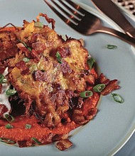 Bacon and Spaghetti Squash Fritter with Roasted Red Pepper Sauce
