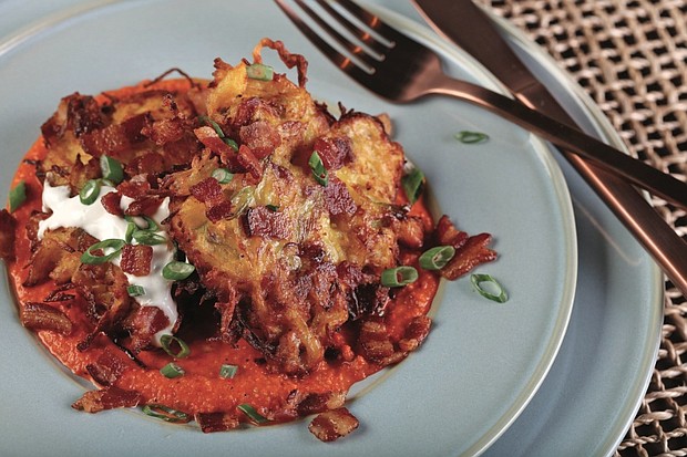 Bacon and Spaghetti Squash Fritter with Roasted Red Pepper Sauce