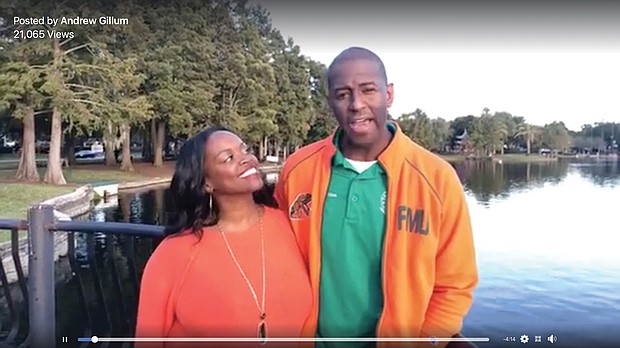 This image from a video posted last Saturday on Florida gubernatorial candidate Andrew Gillum’s Facebook page show him with his wife, R. Jai, congratulating his Republican rival, Ron DeSantis.