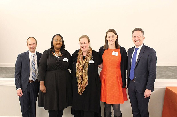 Richmond Public Schools recipients of R.E.B. Awards for Teaching Excellence with Superintendent Jason Kamras, right, following last week’s announcement of their win. They are, from left, Matt Wester of Franklin Military Academy, Kieasha King of Woodville Elementary School, finalist Julie Crowder of William Fox Elementary School and Kathy Paschall of Franklin Military Academy.