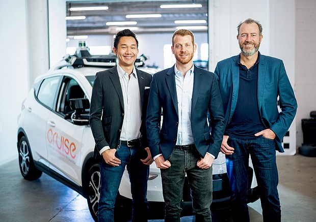 Cruise Automation COO Dan Kan (l to r), Cruise Automation CEO Kyle Vogt and General Motors President Dan Ammann Tuesday, November, 20, 2018 at Cruise Automation offices in San Francisco, California. (Photo by Noah Berger for General Motors)