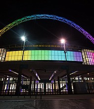 The Wembley arch lights up in rainbow colours for the Stonewall Rainbow Laces campaign.