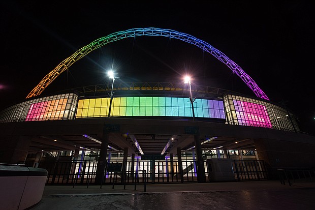 The Wembley arch lights up in rainbow colours for the Stonewall Rainbow Laces campaign.