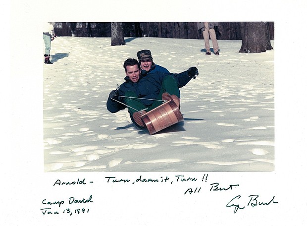 Arnold Schwarzenegger reminiscences about his time with former President George H.W. Bush have given rise to a mystery surrounding a sledding excursion at Camp David in which first lady Barbara Bush broke her leg