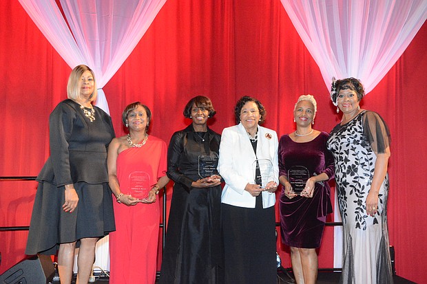 Honorees (from left): ODPEC Board Chair Audrey Gassama, Honoree Vanessa Wyche, Honoree Annette Moore, Honoree Debra L. Johnson, 
Honoree Donna Blackshear-Reynolds, Houston Alumnae Chapter President Tina Marie Jones-Green/photo by Joe Lebrane, Super Star Photography