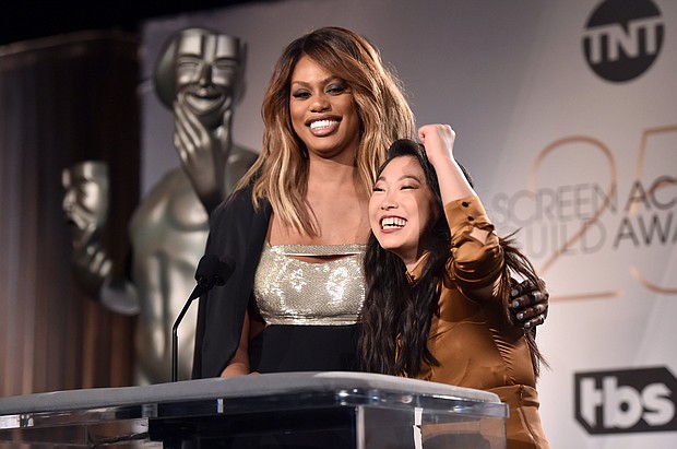 Laverne Cox (L) and Awkwafina speak onstage during the 25th Annual Screen Actors Guild Awards Nominations Announcement at Pacific Design Center on December 12, 2018 in West Hollywood, California.

Full credit: Alberto E. Rodriguez/Getty Images