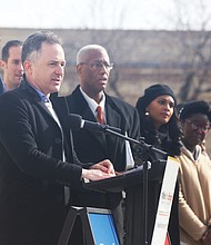 Richmond schools Superintendent Jason Kamras addresses the marchers from the steps of the State Capitol last Saturday. Among those on the podium with him are, from left, Richmond Mayor Levar M. Stoney, who led the March for More effort, 4th District Congressman A. Donald McEachin and Shadae Thomas Harris, chief engagement officer for Richmond Public Schools.