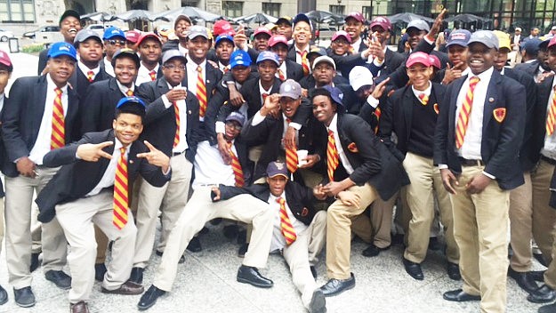 Urban Prep Academy High School students celebrating after "National Signing Day 2018," a day when graduating seniors announce which college they will attend in the fall. (Photo by Wendell Hutson)