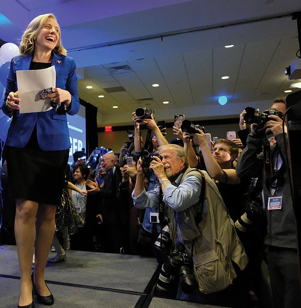 Democrat Abigail Spanberger of Henrico heads to the podium on Election Night in November to claim a razor-thin victory in the 7th Congressional District contest against incumbent GOP Rep. Dave Brat.