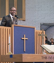 The Rev. Prince Raney Rivers, senior pastor of Union Baptist Church in Durham, N.C., urges those attending the annual Emancipation Proclamation Day service at Fifth Baptist Church to finish the work begun with abolition.
