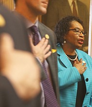 New year, new session: Sussex County Delegate Roslyn C. Tyler joins in the Pledge of Allegiance on opening day in the House of Delegates. (Regina H. Boone/Richmond Free Press)