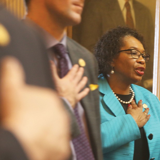 New year, new session: Sussex County Delegate Roslyn C. Tyler joins in the Pledge of Allegiance on opening day in the House of Delegates. (Regina H. Boone/Richmond Free Press)