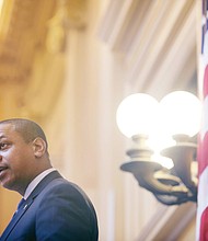 New year, new session: Lt. Gov. Justin E. Fairfax, the presiding officer in the Virginia Senate, welcomes the 40 members back as he starts the 2019 legislative session. (Regina H. Boone/Richmond Free Press)