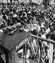 An April 30, 1966 file photo of King Jr. addressing a rally in Birmingham, Alabama