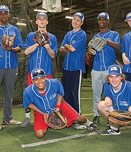 Members of the MJBL East practicing for their upcoming games in Nassau, Bahamas, are, standing from left, M.T. Forrester, Caleb Causey, Louis Raffenot, Coach Hunt Whitehead, Dashawn Smith, Ethan Whitehead and Jesse Walker. Kneeling, Davionne Anderson, left, and Marshall Trout. Team members scheduled to make the trip but not pictured: Joey Trout, John Moore, Marquise Nevillus and Coaches Thomas Eaton and Larry Trout.