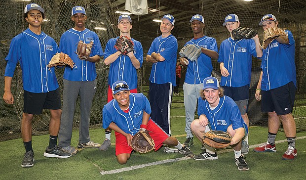 Members of the MJBL East practicing for their upcoming games in Nassau, Bahamas, are, standing from left, M.T. Forrester, Caleb Causey, Louis Raffenot, Coach Hunt Whitehead, Dashawn Smith, Ethan Whitehead and Jesse Walker. Kneeling, Davionne Anderson, left, and Marshall Trout. Team members scheduled to make the trip but not pictured: Joey Trout, John Moore, Marquise Nevillus and Coaches Thomas Eaton and Larry Trout.