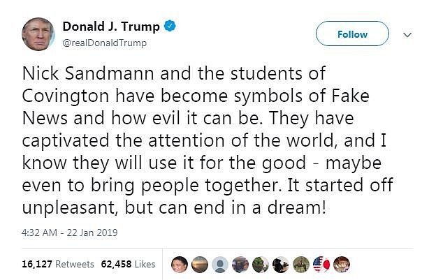 President Donald Trump is publicly siding with the mostly white students of a Kentucky high school who were engaged in a confrontation with a Native American elder that renewed a sensitive national debate about race relations in America.