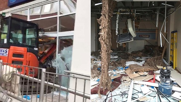 A construction worker used a mechanical digger to wreck the lobby of a new hotel in Liverpool, UK, in an …