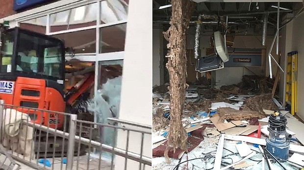 A view showing the damage caused when a mechanical digger was driven through the front of the Travelodge hotel in Edge Lane, Liverpool, England, Monday Jan. 21, 2019. Video footage of the incident which has gone viral online shows the vehicle repeatedly smashing through the reception of the hotel, which is under construction and was set to be completed on Monday.