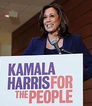 U.S. Sen. Kamala Harris of California speaks to the media at Howard University after announcing Monday that she will run for the Democratic nomination for president.