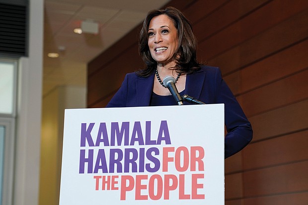U.S. Sen. Kamala Harris of California speaks to the media at Howard University after announcing Monday that she will run for the Democratic nomination for president.