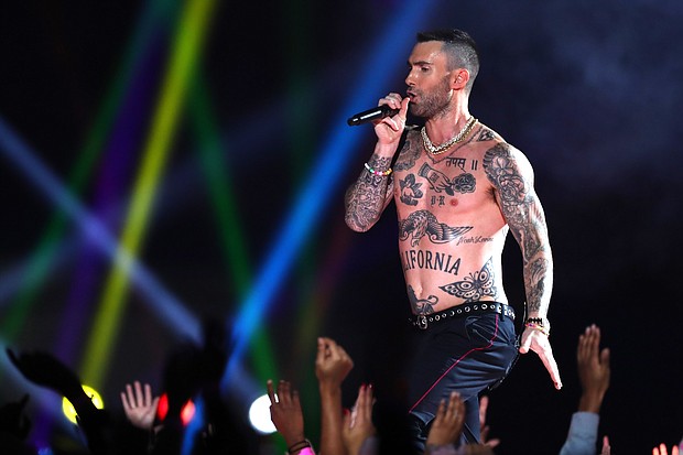 Adam Levine performing at the Superbowl LIII halftime show.