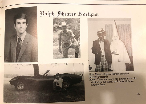 This image shows Virginia Gov. Ralph S. Northam’s page in his 1984 Eastern Virginia Medical School yearbook. The page shows a picture of a person in blackface and another wearing a Ku Klux Klan hood next to different pictures of the governor.