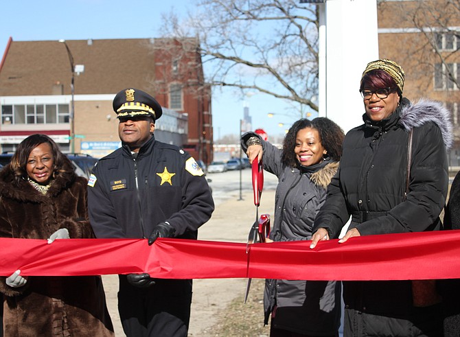: (from left) Attending a Feb. 8, 2019 ribbon-cutting ceremony at Ludwig Beethoven Elementary School in Bronzeville was state Sen. Mattie Hunter (D-3rd); 2nd District Police Commander Dion Boyd; Beethoven Principal Mellodie Brown; and Alderman Pat Dowell (3rd).  Photo credit: Wendell Hutson