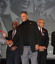 (from left) Honored at a Feb. 7, 2019 unveiling of a new civil rights exhibit at the DuSable Museum of African American History were Timuel Black, a historian; Robert Starks, an educator and political consultant; James Montgomery, an attorney; Rev. Jesse Jackson, founder and president of the Rainbow PUSH Coalition organization; Josie Childs, founder and president of the Harold Washington Legacy Committee; and the Rev. Clyde Brooks, former Chicago branch president of the Southern Christian Leadership Conference. Photo by; Wendell Hutson
