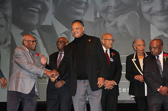 (from left) Honored at a Feb. 7, 2019 unveiling of a new civil rights exhibit at the DuSable Museum of African American History were Timuel Black, a historian; Robert Starks, an educator and political consultant; James Montgomery, an attorney; Rev. Jesse Jackson, founder and president of the Rainbow PUSH Coalition organization; Josie Childs, founder and president of the Harold Washington Legacy Committee; and the Rev. Clyde Brooks, former Chicago branch president of the Southern Christian Leadership Conference. Photo by; Wendell Hutson