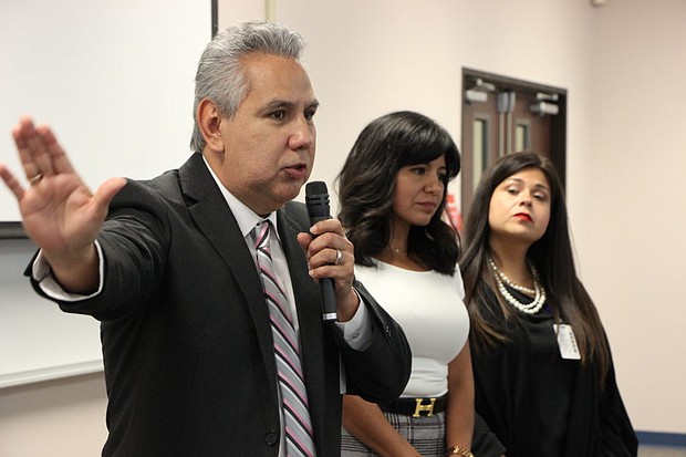 HISD Trustees Sergio Lira, Diana Dávila and Elizabeth Santos