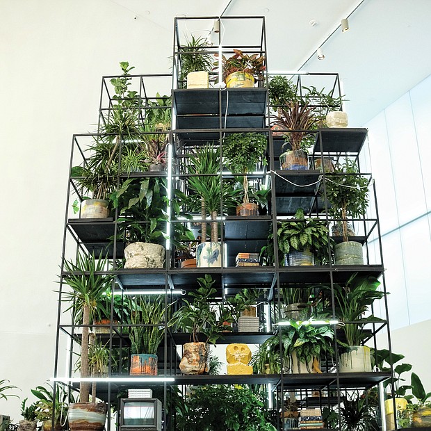 Afroecology at ICA/
The multi-tiered greenery of Rashid Johnson’s “Monument” serves as a centerpiece for a two-day Afroecology program held last weekend at Virginia Commonwealth University’s Institute for Contemporary Art featuring musical guests, visiting artists and craftspersons.  “Monument” is part of the “Provocations” exhibit showcasing Mr. Johnson’s work that will be on view through July 14 at the ICA, 601 W. Broad St. (Sandra Sellars/Richmond Free Press)