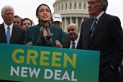 Rep. Alexandria Ocasio-Cortez (D-N.Y.) talks about the Green New Deal on Feb. 7 in Washington