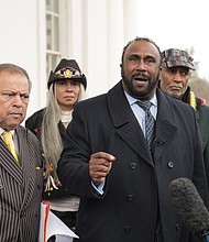 John W. Boyd, president of the National Black Farmers Association, urges Gov. Northam to stay in office Monday at a Capitol news conference. With him, from left, are Richmond City Treasurer Nichole Armstead, former Richmond City Councilman Henry W. “Chuck” Richardson, American Indian Farmers and National Women Farmers’ Association President Kara Boyd and the Rev. Rodney Hunter, president of the Richmond Chapter of the Southern Christian Leadership Conference.