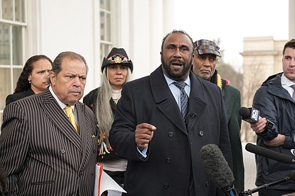 John W. Boyd, president of the National Black Farmers Association, urges Gov. Northam to stay in office Monday at a Capitol news conference. With him, from left, are Richmond City Treasurer Nichole Armstead, former Richmond City Councilman Henry W. “Chuck” Richardson, American Indian Farmers and National Women Farmers’ Association President Kara Boyd and the Rev. Rodney Hunter, president of the Richmond Chapter of the Southern Christian Leadership Conference.