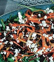 Shaved Carrot Salad with Pomegranate Harissa Dressing