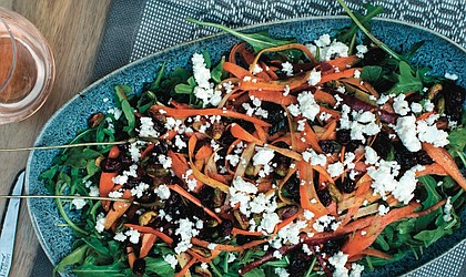 Shaved Carrot Salad with Pomegranate Harissa Dressing