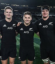 From left to right, Barrett brothers Jordie, Beauden, and Scott after New Zealand's test match against Samoa in 2017.
It's not uncommon for two brothers to line up for the All Blacks -- 46 sets have done so in the past -- but for a single family to have such a foothold within the current team is unprecedented.